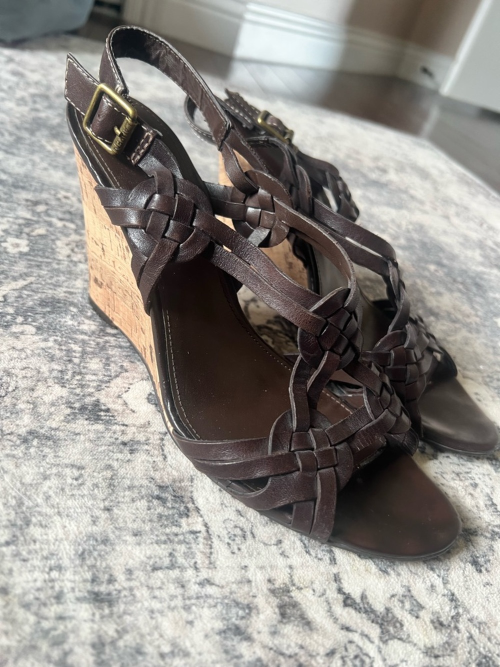 Lauren Ralph Lauren Dark Brown Woven Leather Cork Wedge Sandals